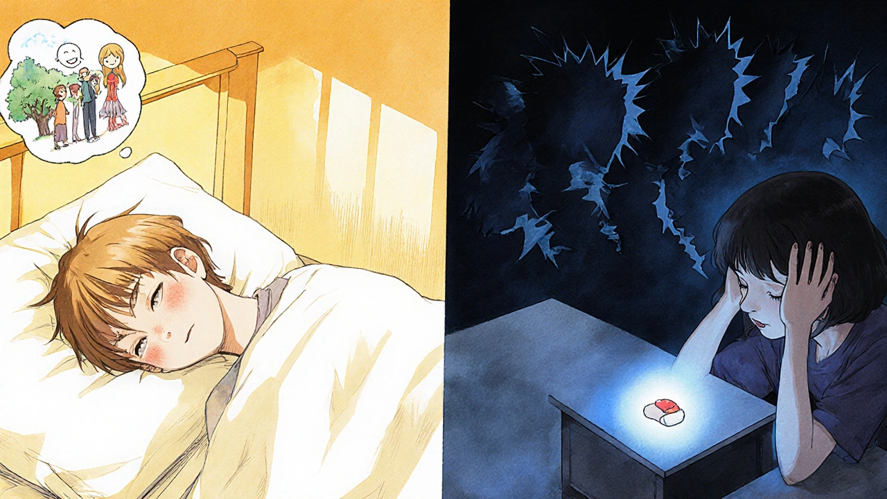 A person sleeps peacefully on one side of a bedroom while shadowy voices loom on the other, with a glowing pill on the nightstand.