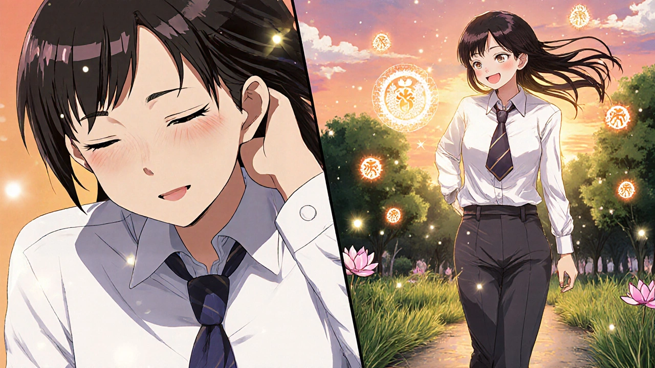 A person transformed from tired to vibrant, with glowing molecules guiding them through a sunny park as symbols float around.