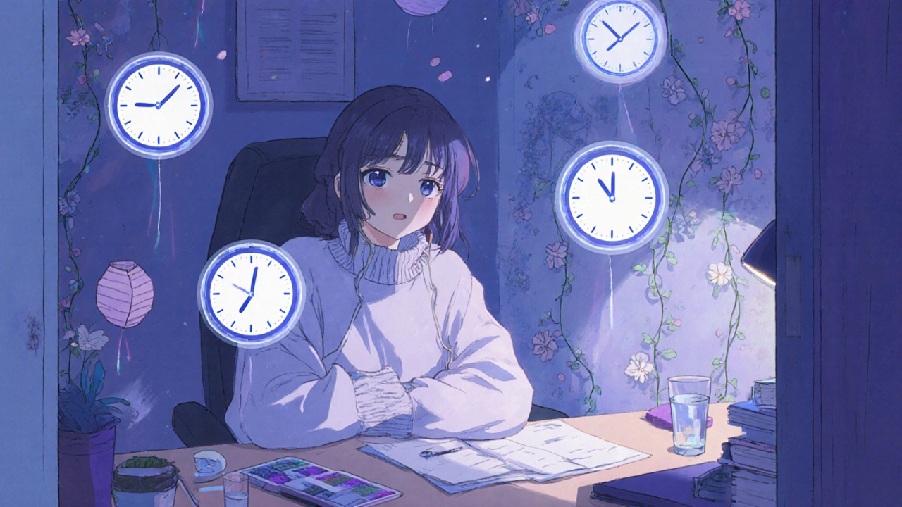 A remote worker in a midnight office, glowing eyes and floating timelines, calm and focused.