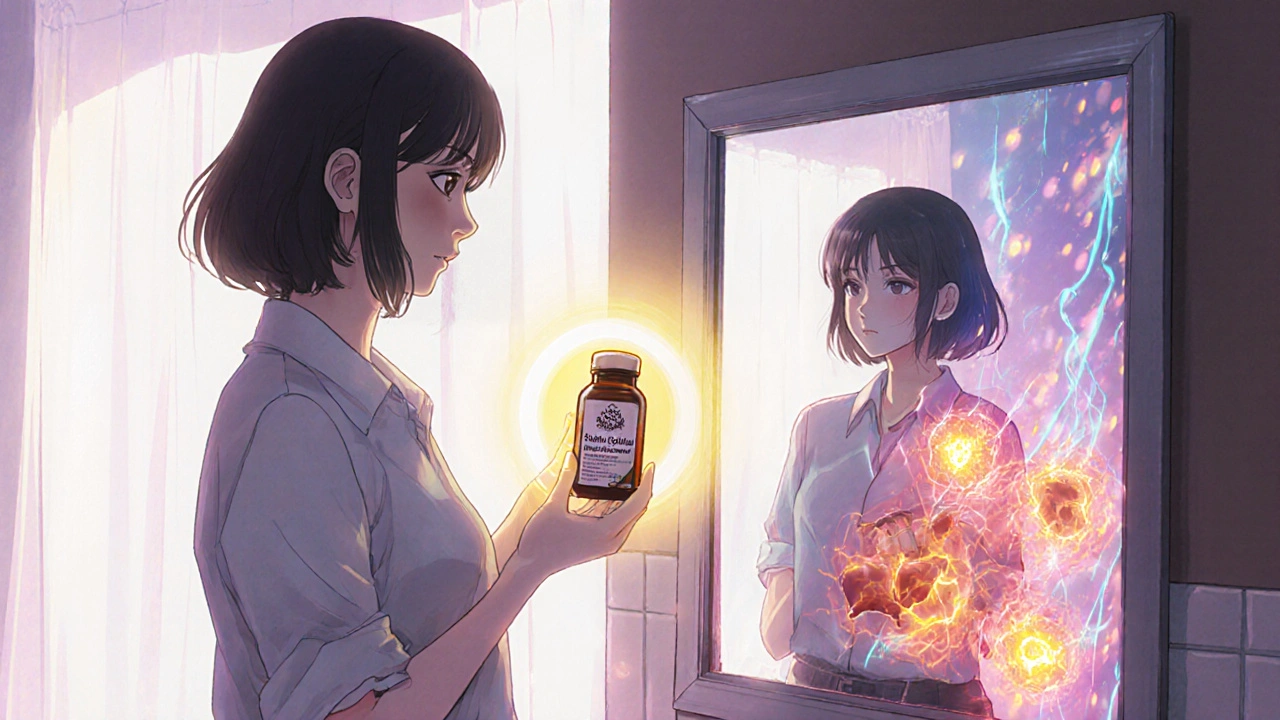 A young woman holding a bottle of Shuddha Guggulu as her reflection shows glowing cells cleansing cholesterol and burning fat.