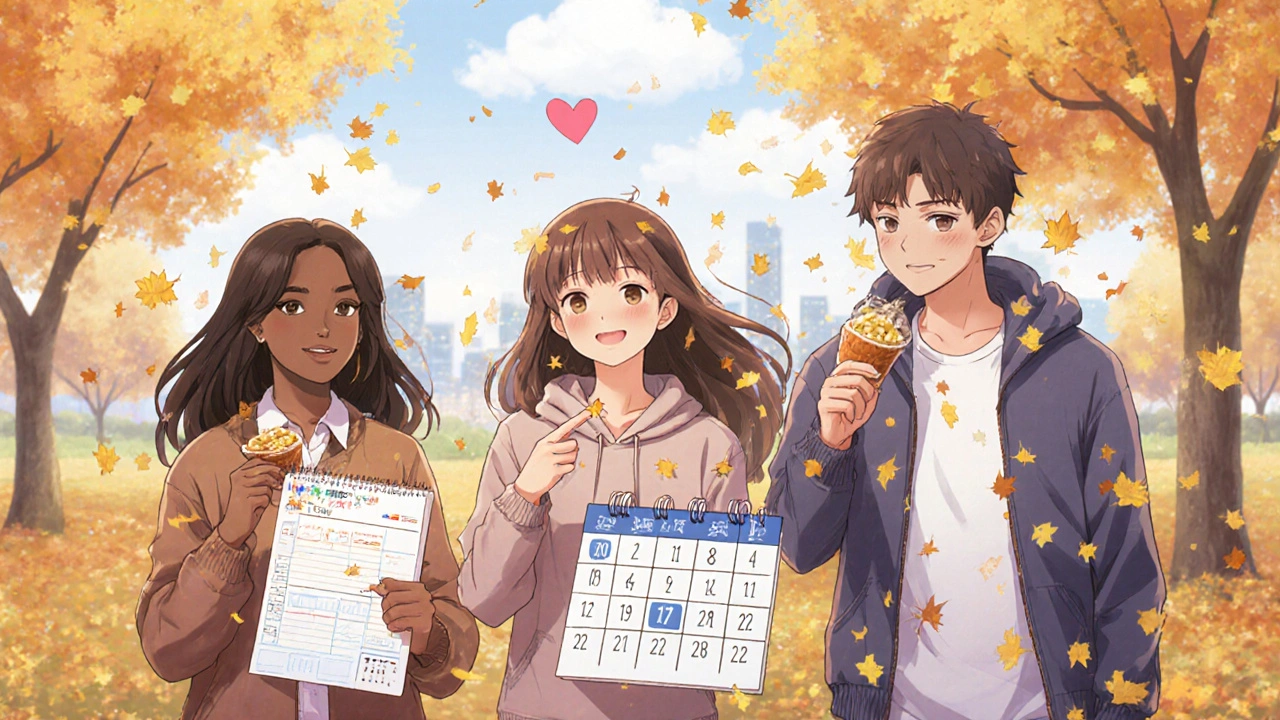 Three friends walk in a park, one holding a weight tracker, another offering food, autumn leaves swirling around them in hopeful light.