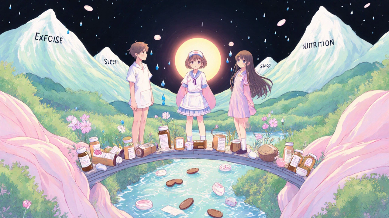 Three people on a pill bottle bridge looking toward a sunrise labeled with natural wellness alternatives.