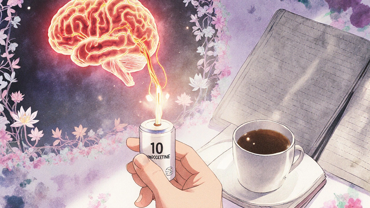 A capsule beside a journal, with a glowing brain surrounded by golden blood flow streams against a faded gray version.