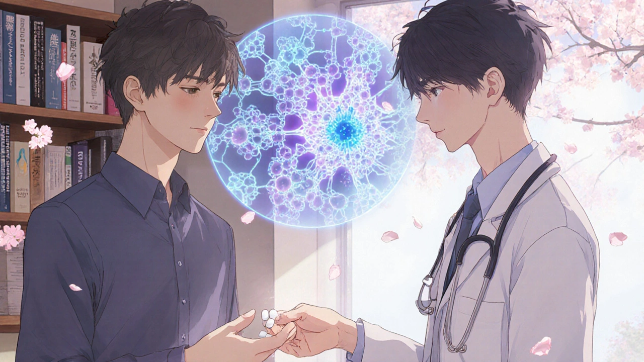 A doctor giving a pill to a patient in a clinic, with glowing molecular structures illustrating how tamoxifen works.