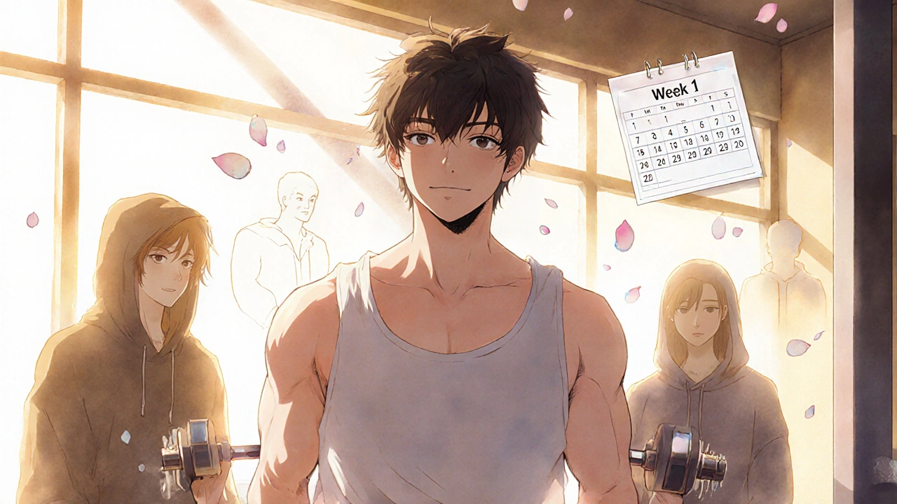 A man lifting weights confidently at the gym, no longer hiding his chest, with fading images of his past self behind him.