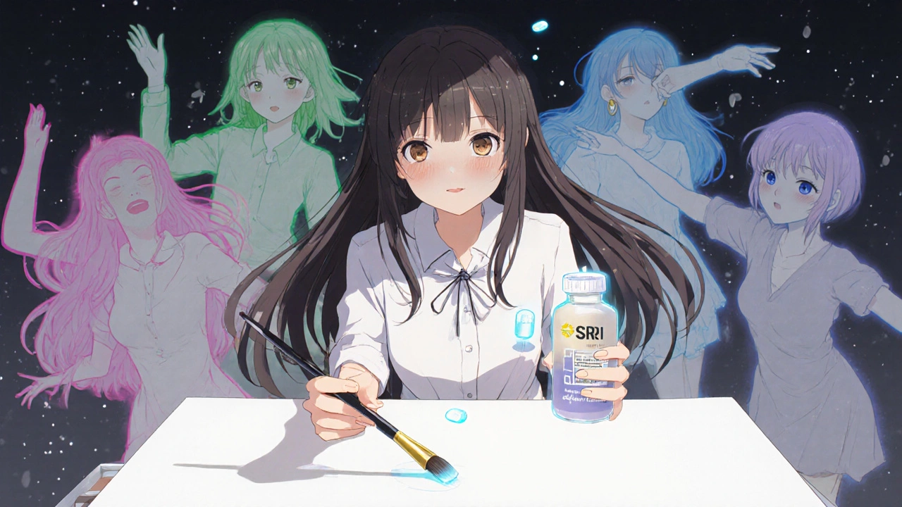 A woman holds a paintbrush over a blank canvas, ghostly versions of her past self glowing behind her.