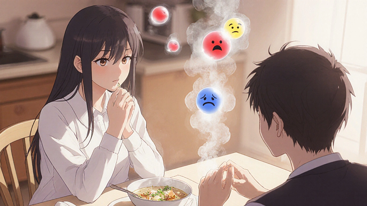 A woman stares at her partner across a dinner table, emotions fading into mist around her.