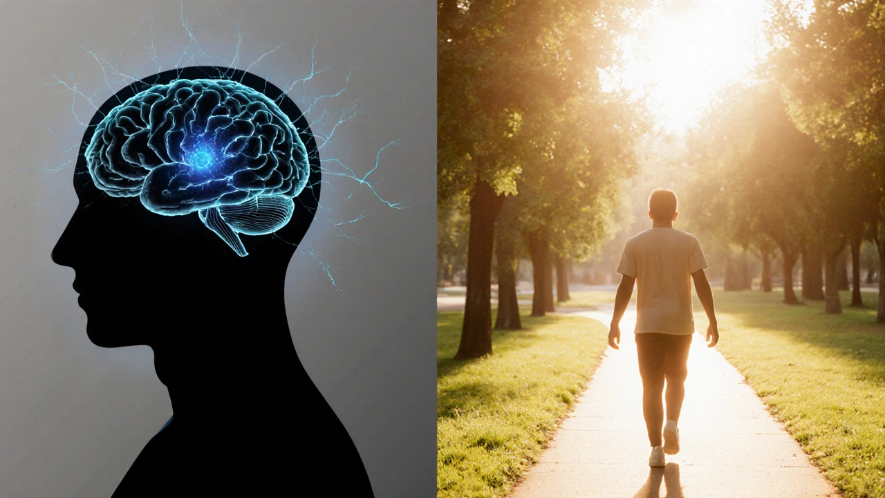 Abstract scene of a glowing brain and a confident figure walking on a sunny path, showing recovery.