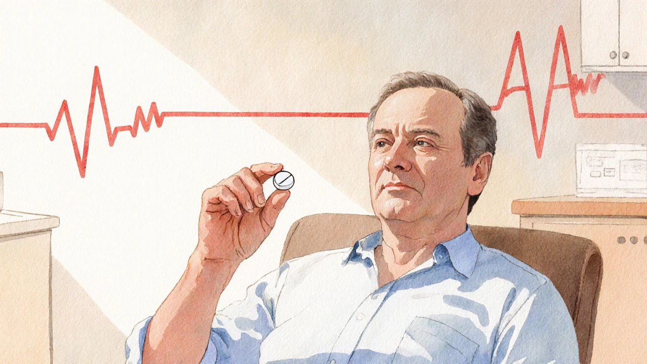 Adult holding an atenolol tablet beside a subtle heart‑beat line, illustrating safe medication use.