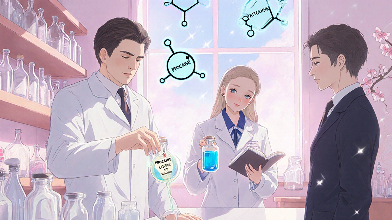 Chemists mixing procaine and lidocaine with floating molecule icons in a lab.