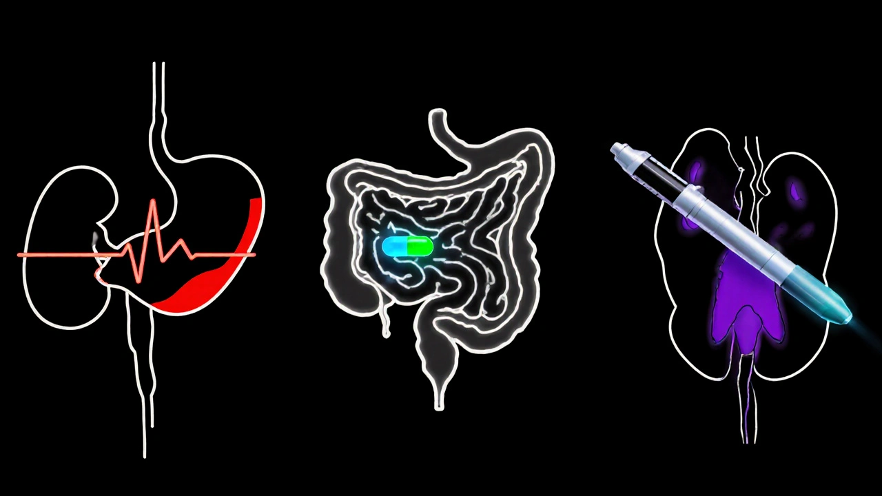 Collage of drug alternatives: pancreas, gut capsule, injection pen, and kidney with colored accents.