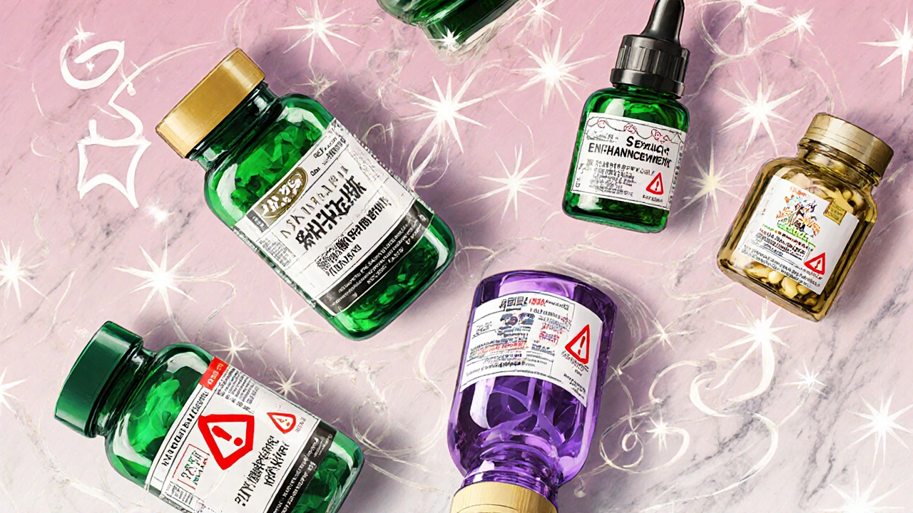 Colorful supplement bottles labeled weight‑loss, sexual‑enhancement, bodybuilding, each with red warning icons.