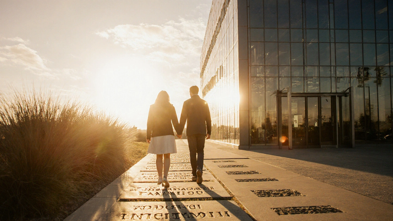Couple walking toward a clinic along a sunrise-lit path, symbolizing hopeful treatment journey.