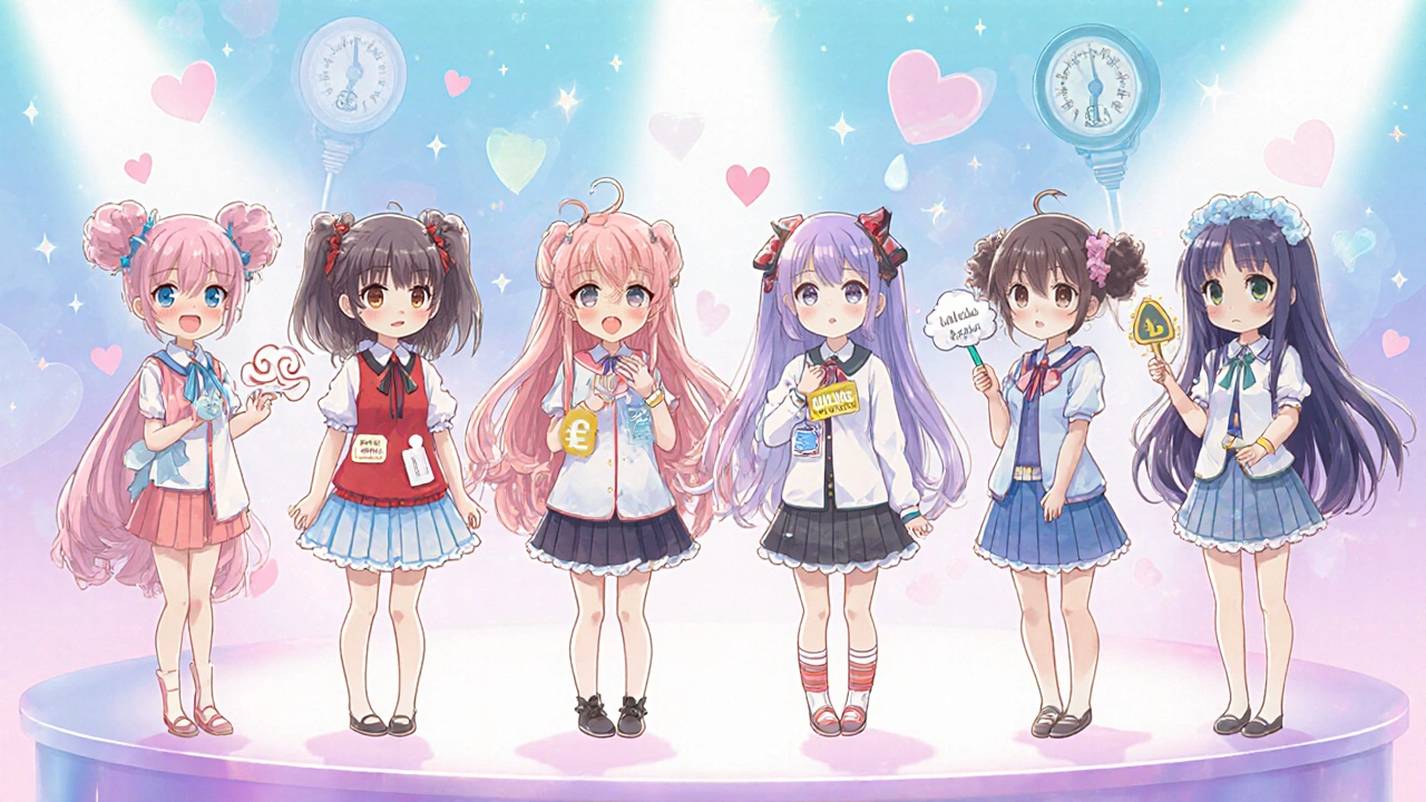 Cute girl characters personify blood pressure drugs and their side effects in a pastel lineup.