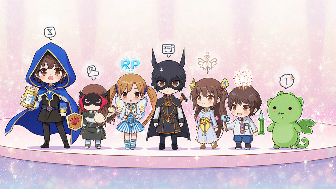 Cute mascots representing various hair‑loss treatments lined up on a pastel stage.