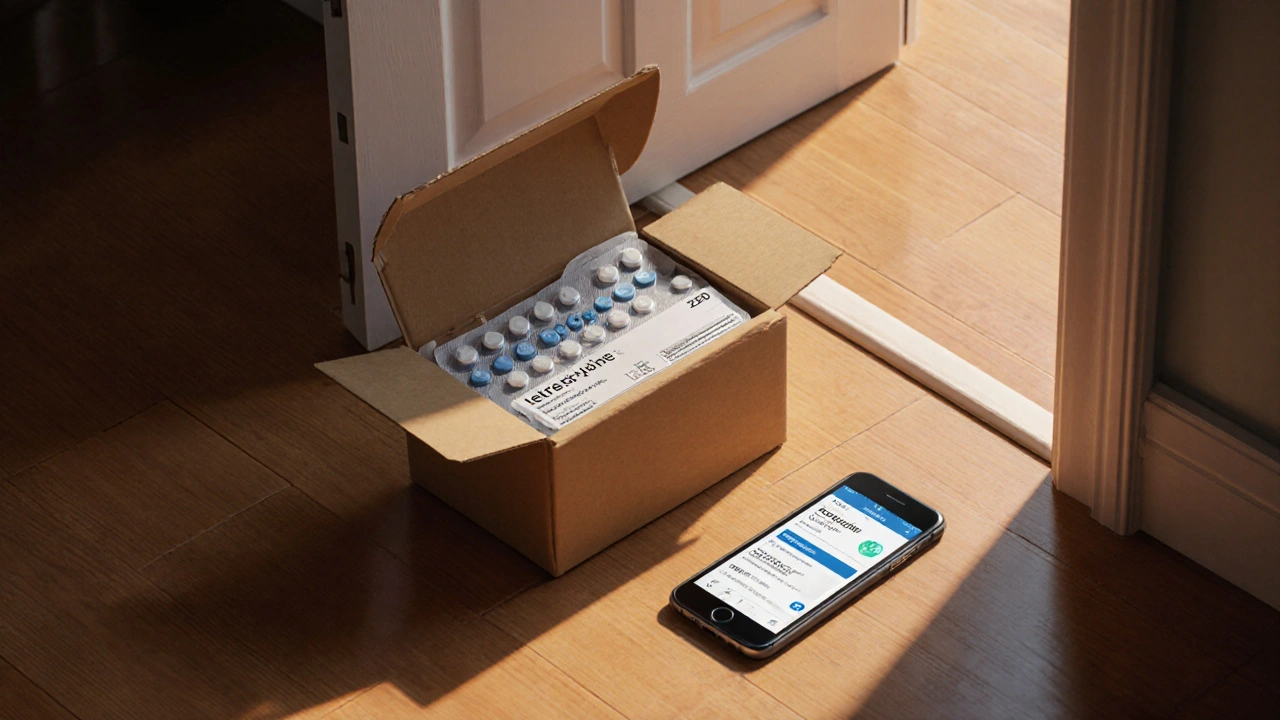 Delivered package opened to show sealed blister pack of tetracycline tablets.