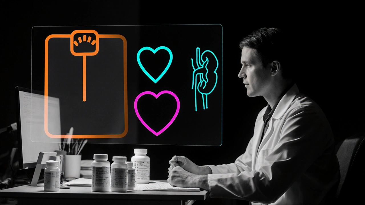 Doctor and patient discuss medications, overlay of scale, heart, and kidney icons with accent colors.