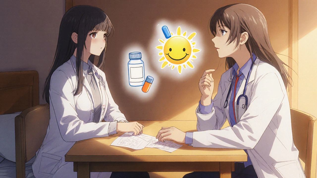 Doctor and patient discussing treatment with floating pill icons, warm atmosphere.