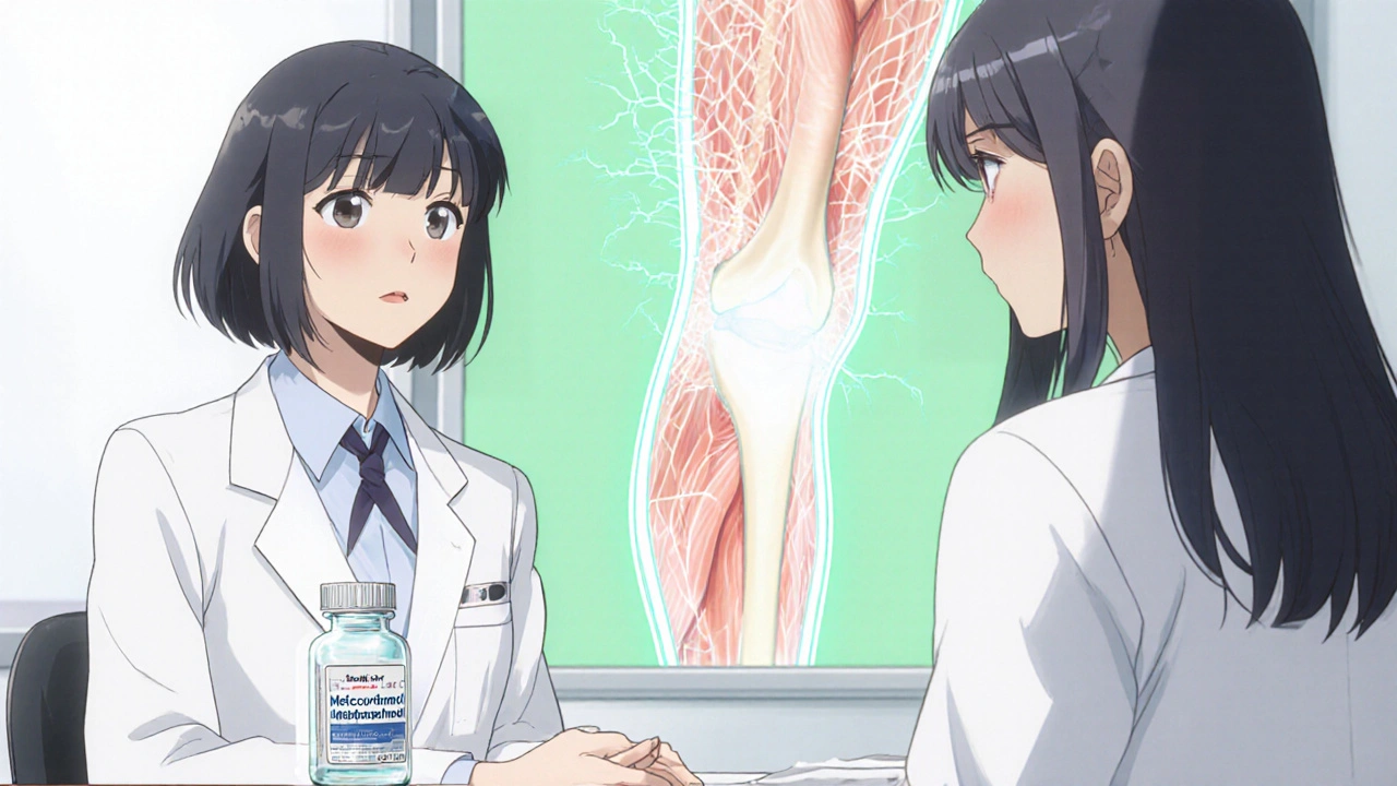 Doctor showing a glowing methocarbamol bottle, with nerves and relaxed muscles illustrated.