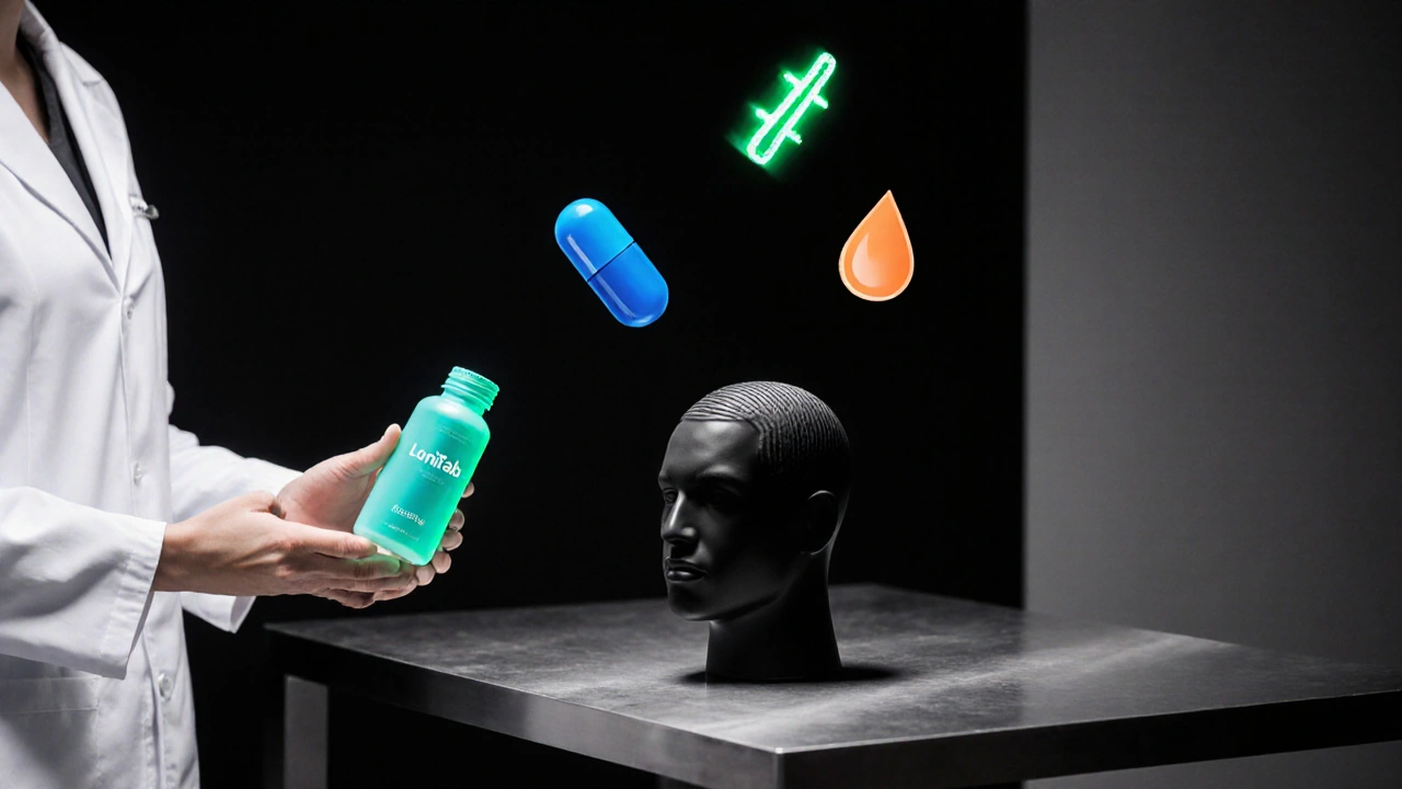 Doctor with teal Lonitab bottle beside scalp model, surrounded by colored icons of other hair‑loss treatments.