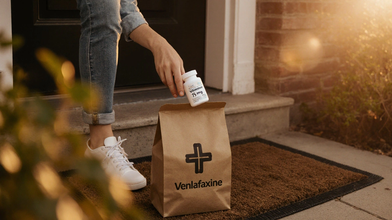 Doorstep scene with opened parcel revealing a venlafaxine bottle, person reaching for it.