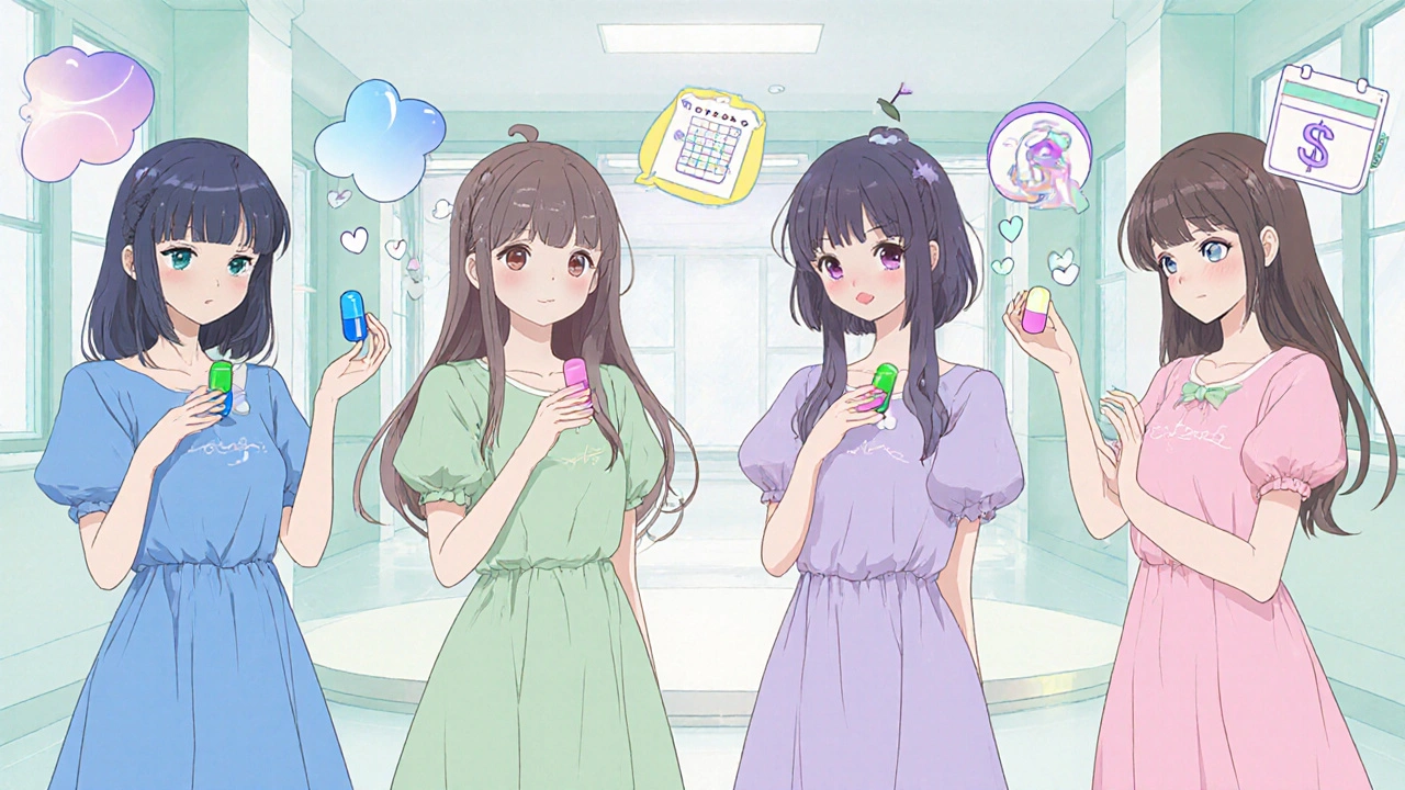 Four stylized characters representing Glycomet SR, Metformin XR, Janumet, and Pioglitazone on a pastel stage.