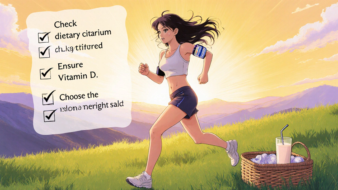 Girl jogging on a sunrise hill with calcium supplement bottle and checklist of bone health tips.