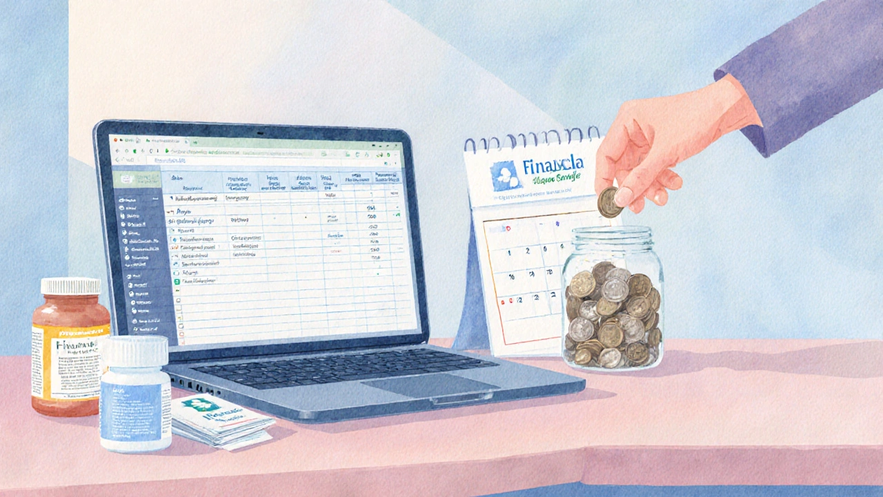Hand placing a coin into a jar beside laptop and medication bottles, representing budgeting.