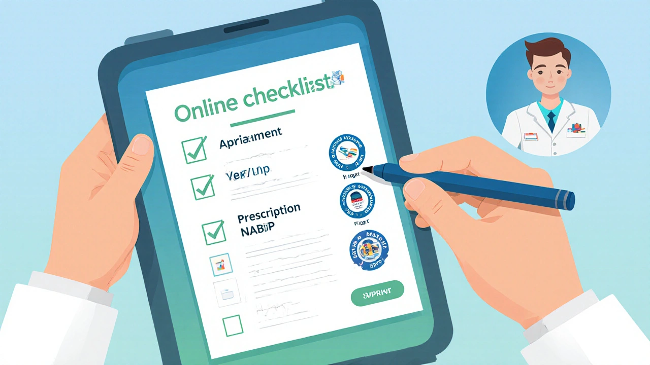 Hands checking a checklist beside a tablet displaying pharmacy verification icons.