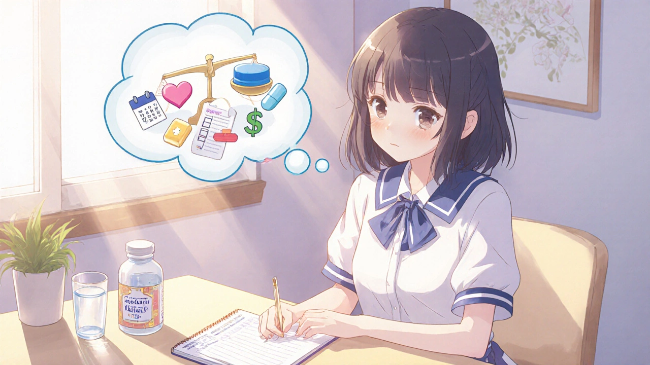 Heroine at a desk with a checklist and thought bubble showing a scale of medication options.