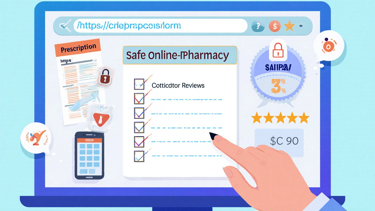 Illustrated checklist highlighting safety red flags for online pharmacies.
