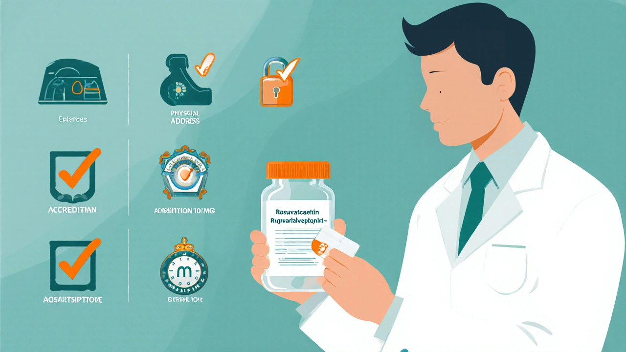 Illustrated checklist with pharmacist verifying prescription and authentic pill bottle.