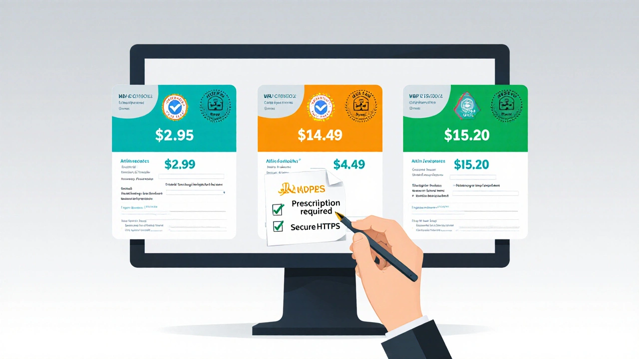 Illustration of three pharmacy cards with prices, VIPPS seals, and a verification checklist.