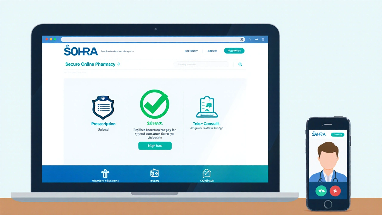 Laptop and smartphone showing secure online pharmacy checklist with SAHPRA seal.