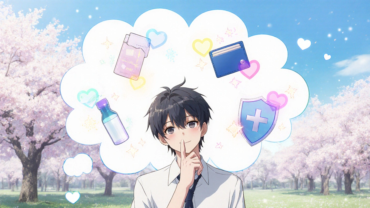 Man contemplates choices with icons for spray, pill, budget, and safety in a thought bubble.