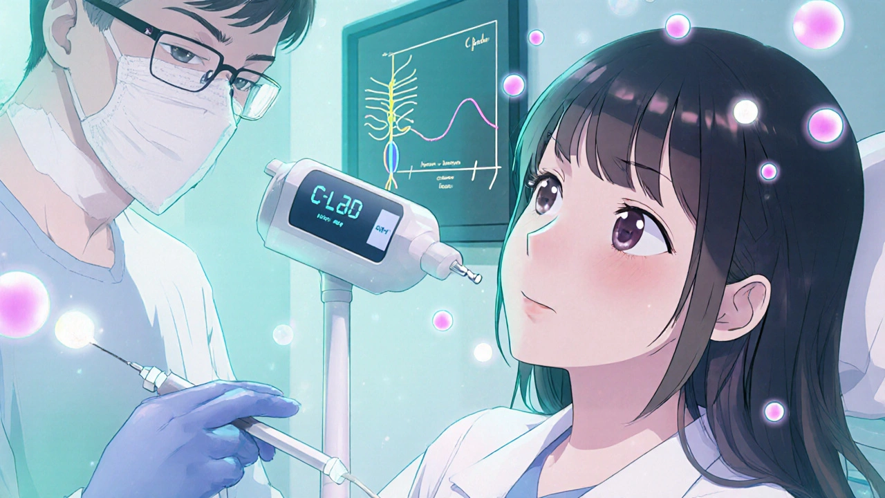 Modern dentist using computer‑controlled anesthetic device with nanocarrier visuals.