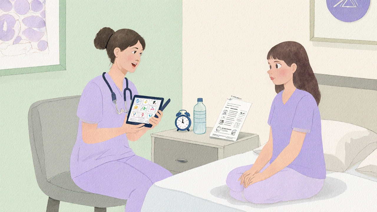 Nurse and patient in calm clinic setting discussing mental health, eye drops nearby.
