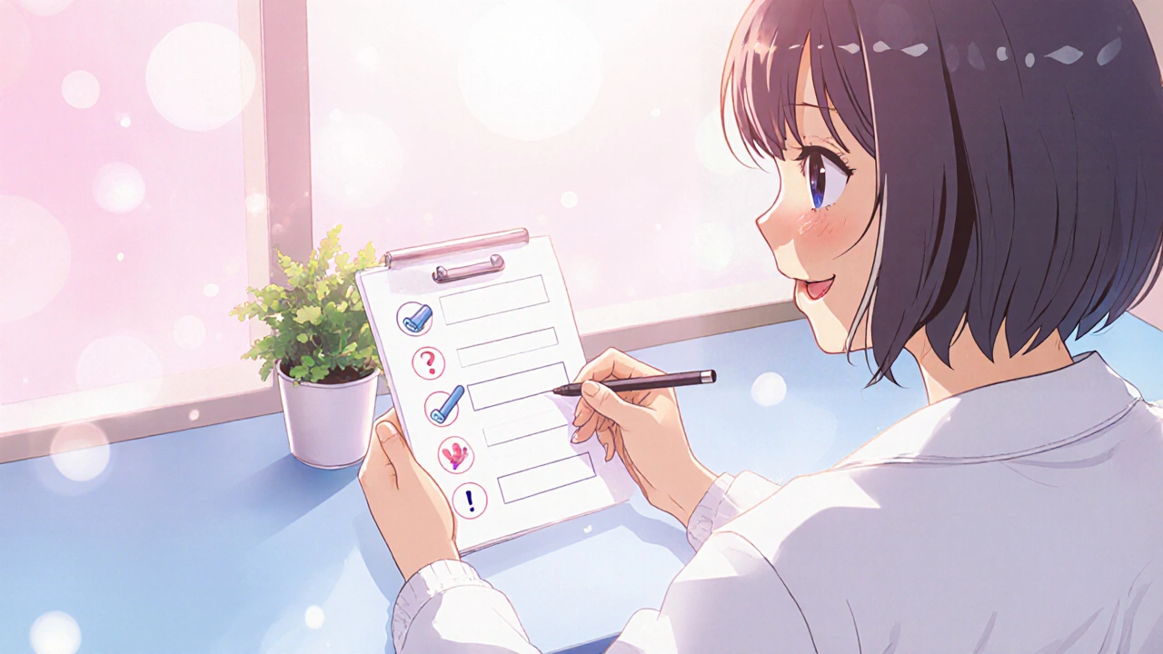 Patient gives a checklist to a doctor in a bright office, both smiling.