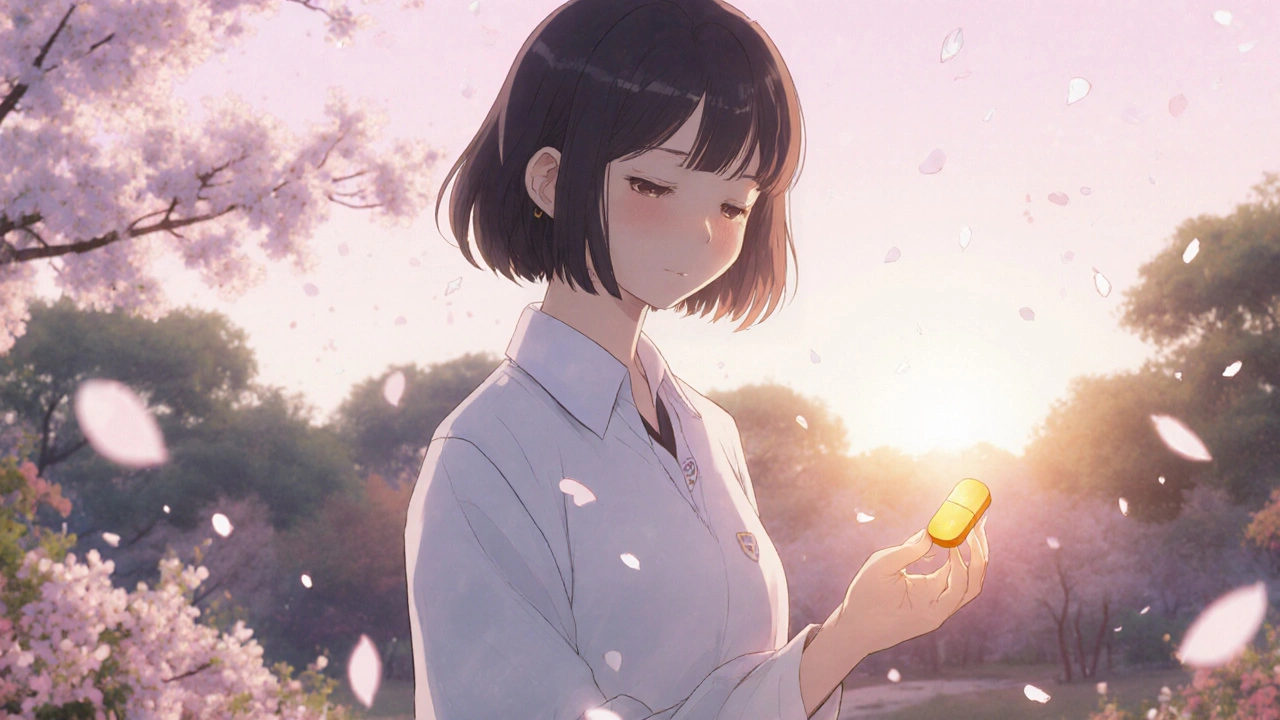Patient walking in garden at sunset holding a glowing acetaminophen tablet, calm mood.