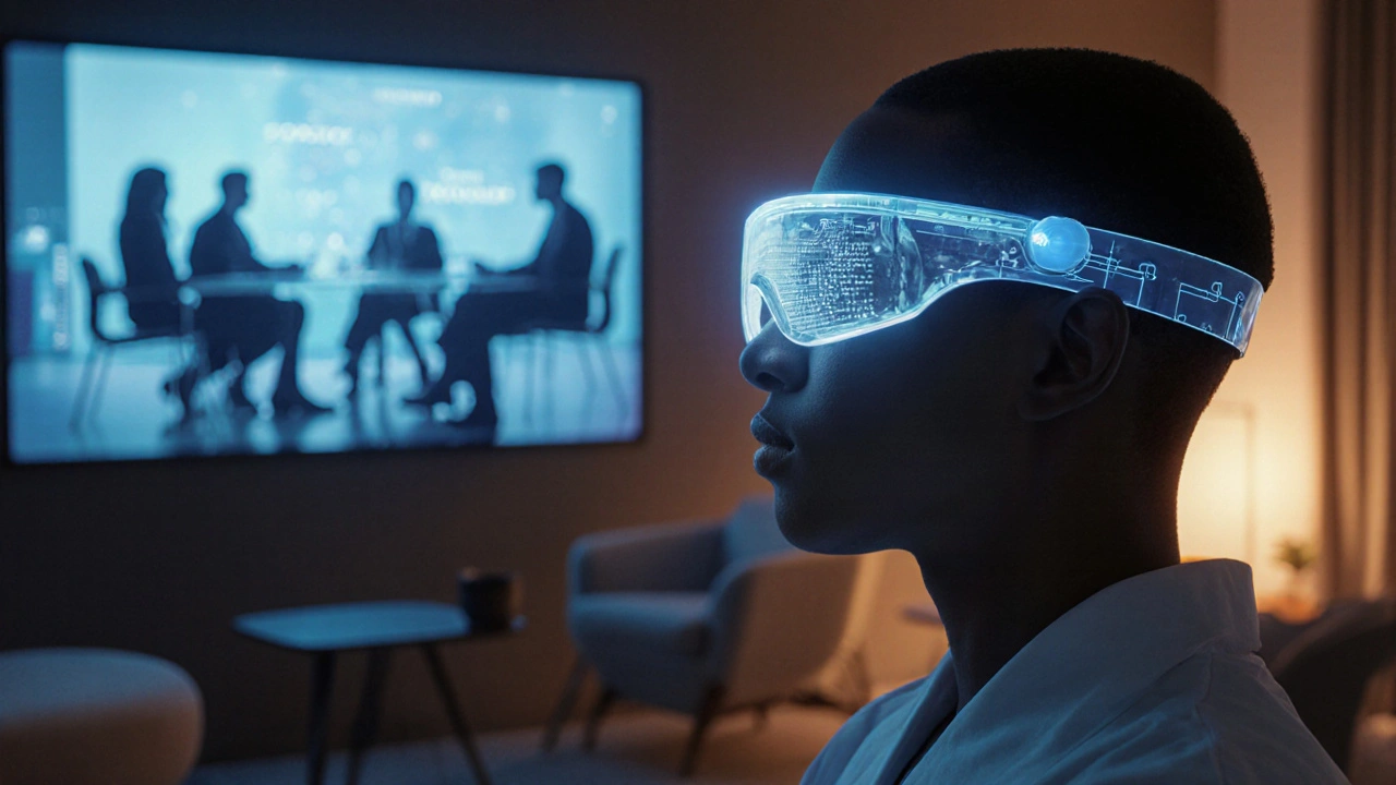 Patient wearing glowing biofeedback goggles in a futuristic recovery space.