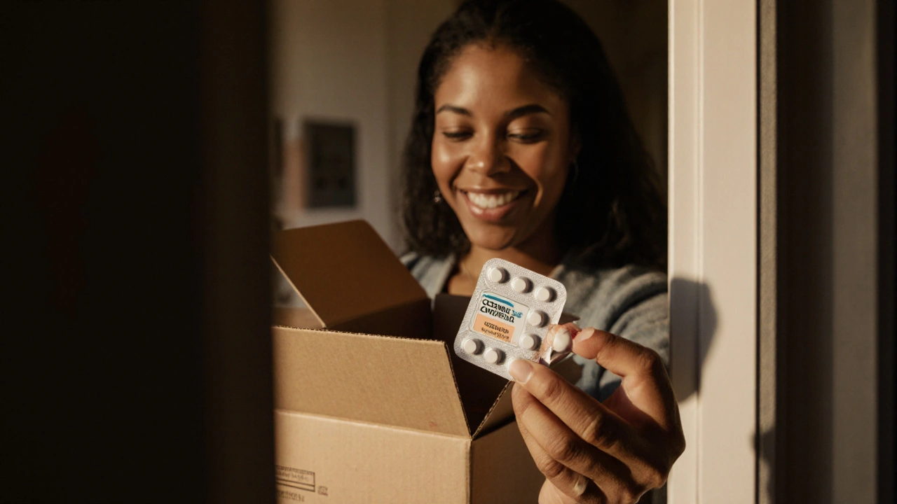 Person opening a delivery box, inspecting medication seal and taking a tablet for a cold sore.