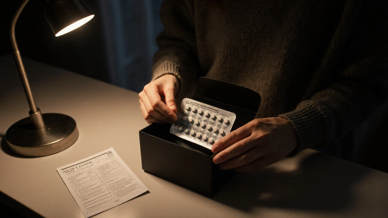 Person opening a discreet package revealing generic topiramate pills and guide.