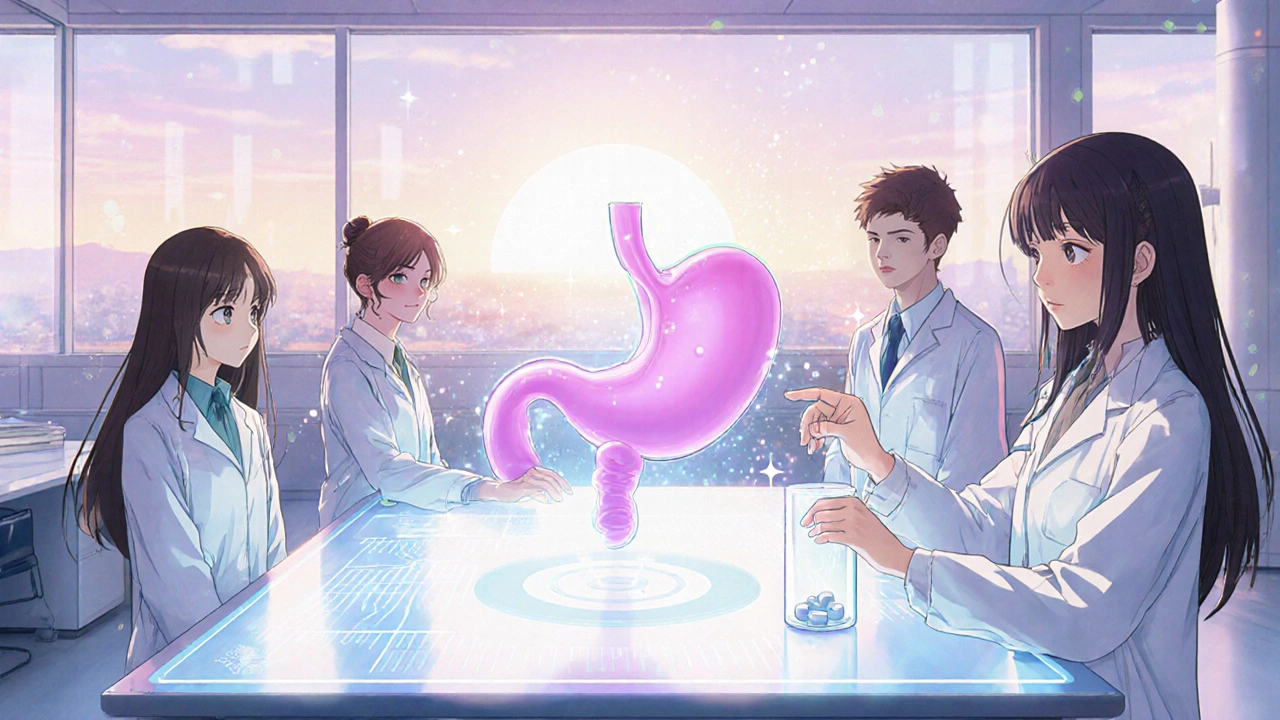 Scientists gather around a holographic table showing an extended‑release acotiamide tablet.