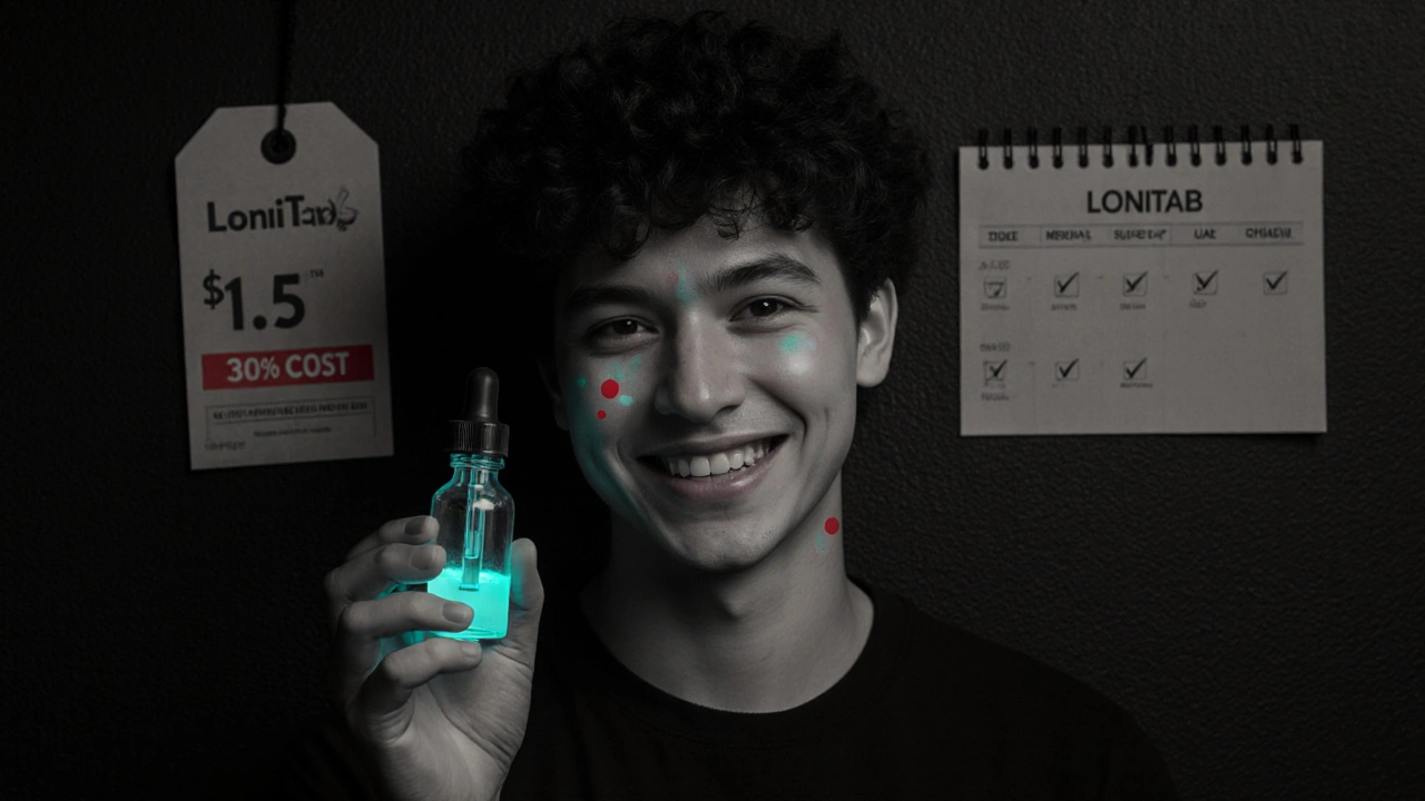 Smiling person with cyan‑glowing Lonitab dropper, low‑cost price tag and three‑month calendar in the background.