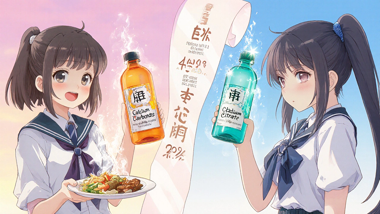 Split illustration of a girl comparing calcium carbonate and calcium citrate bottles with meal and anytime icons.