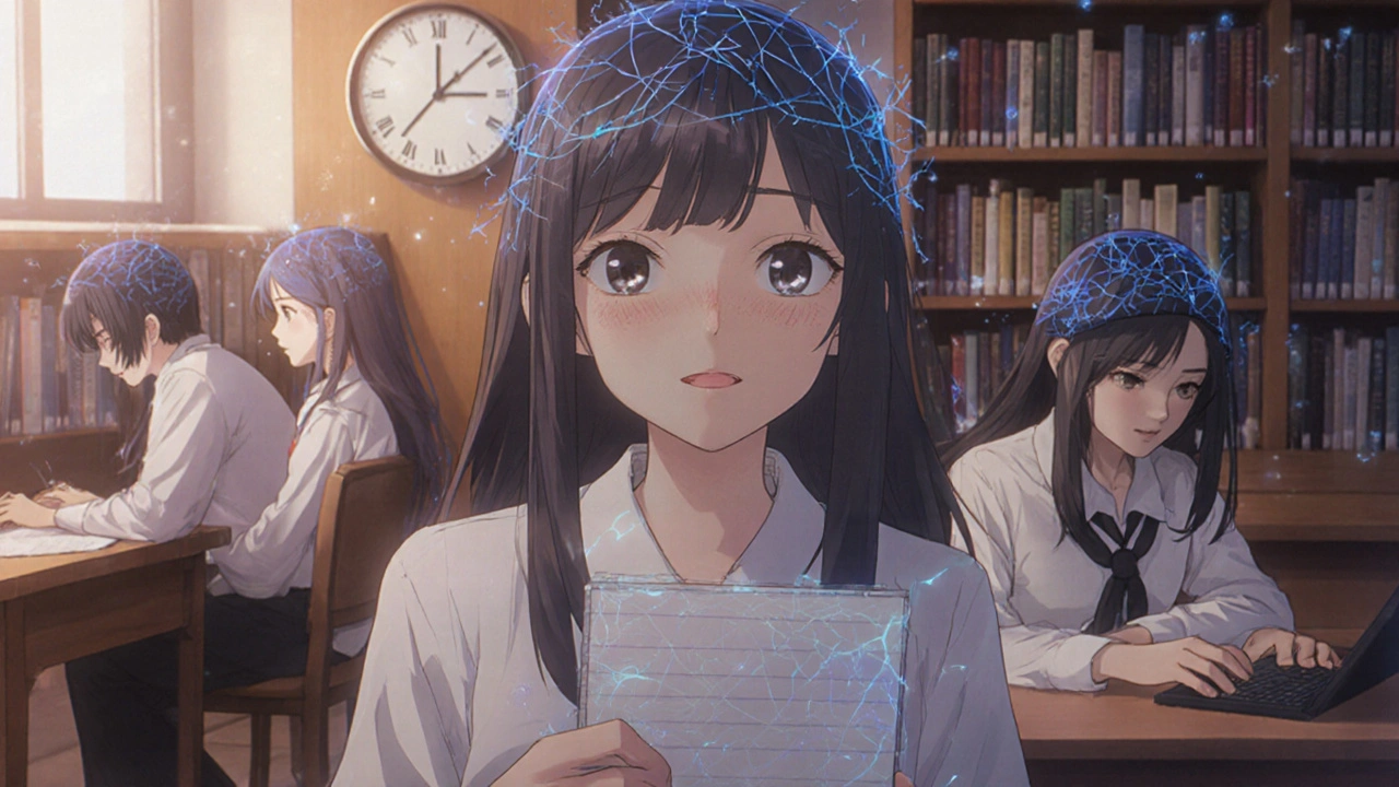 Students in a library with gentle blue halos representing improved brain blood flow, focused and calm.