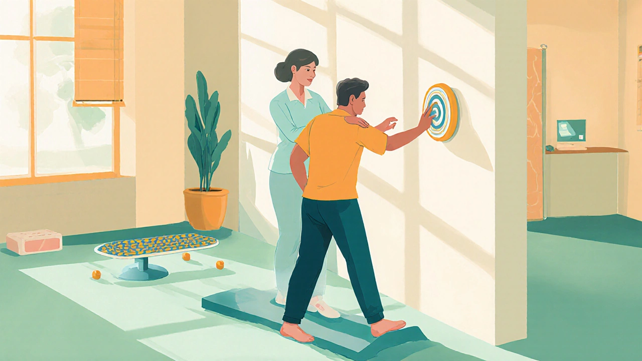 Therapist assists patient doing head‑turn gaze stabilization on a foam pad in a bright clinic.