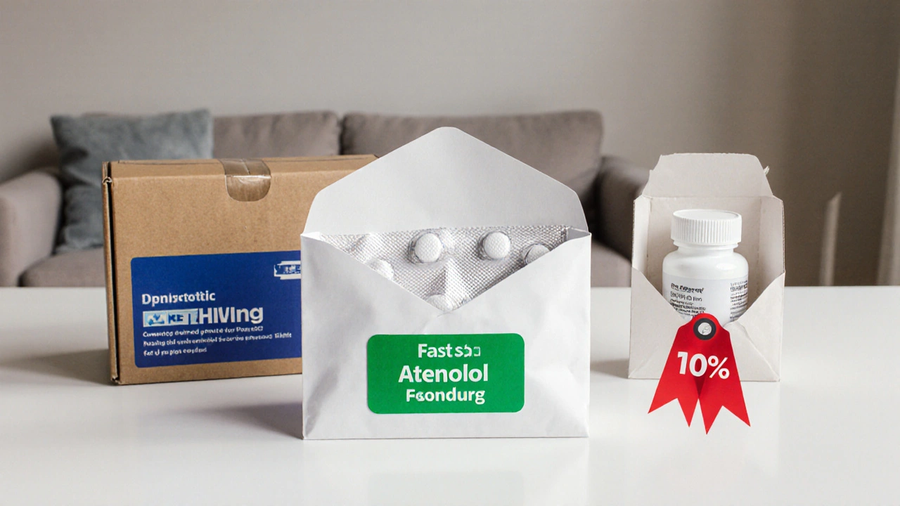 Three medication parcels on a table showing atenolol bottles, representing verified pharmacy deliveries.