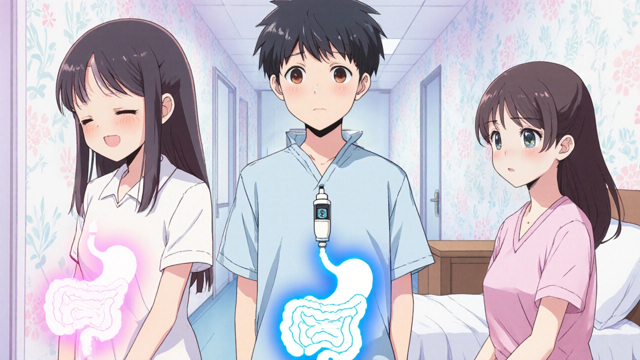 Three patients show relief from dyspepsia, gastroparesis, and post‑operative ileus with glowing auras.