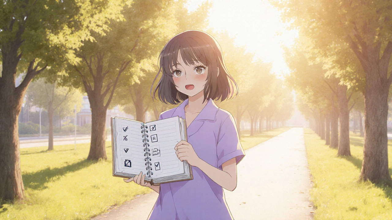 Woman walking happily in a park, holding a medication diary with caution symbols.